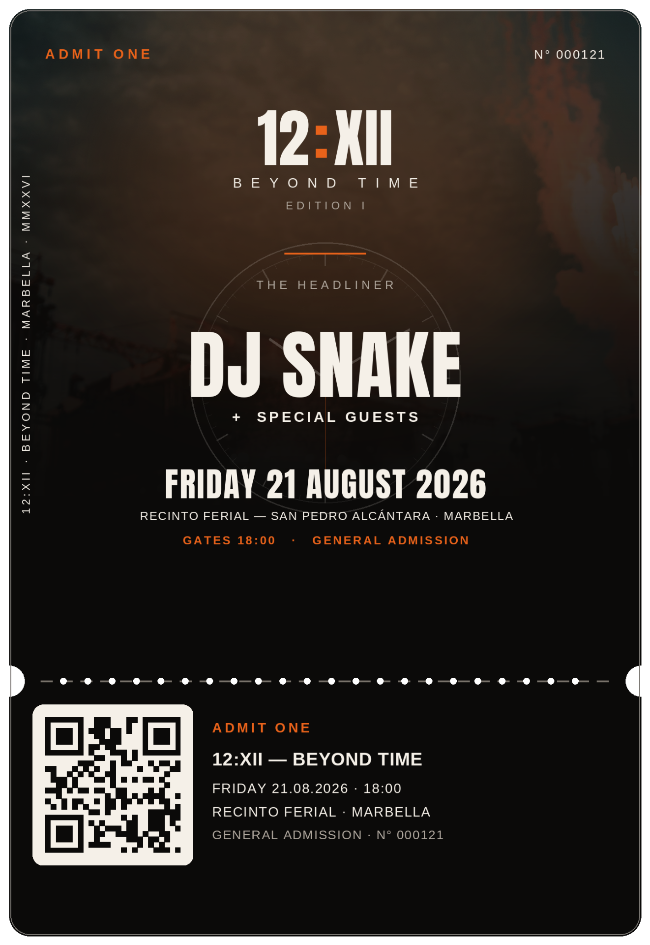 12:XII — Beyond Time — Friday 21 August 2026, DJ Snake + special guests, Recinto Ferial, Marbella
